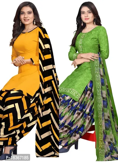 Yellow  Green Crepe Printed Dress Material with Dupatta For Women (Combo pack of 2)-thumb0