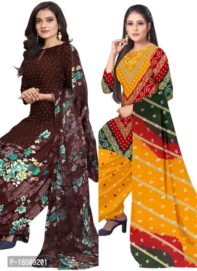 Brown  Multicolor Crepe Printed Dress Material with Dupatta For Women (Combo pack of 2)-thumb0