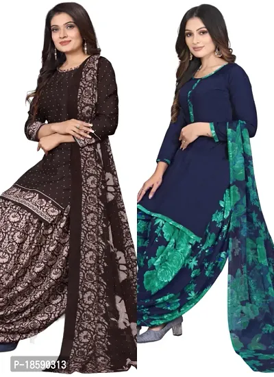 Brown  Blue Crepe Printed Dress Material with Dupatta For Women (Combo pack of 2)