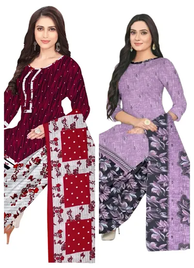 Stylish Cotton Blend Printed Unstitched Suit - Pack of 2