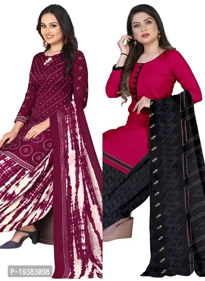 Maroon  Pink Crepe Printed Dress Material with Dupatta For Women (Combo pack of 2)