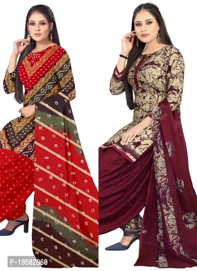 Multicolor  Beige Crepe Printed Dress Material with Dupatta For Women (Combo pack of 2)-thumb0