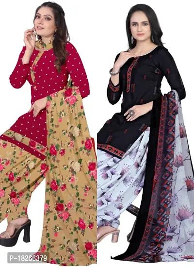 Red  Navy Blue Crepe Printed Dress Material with Dupatta For Women (Combo pack of 2)