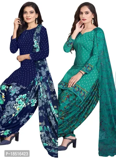 Navy Blue  Teal Crepe Printed Dress Material with Dupatta For Women (Combo pack of 2)