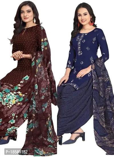 Brown  Navy Blue Crepe Printed Dress Material with Dupatta For Women (Combo pack of 2)