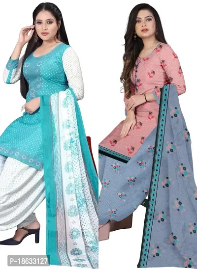 Sea Green  Pink Crepe Printed Dress Material with Dupatta For Women (Combo pack of 2)-thumb0