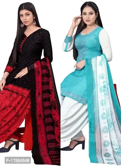 Black  Sea Green Crepe Printed Dress Material with Dupatta For Women (Combo pack of 2)-thumb0