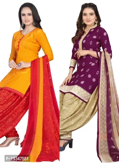 Yellow  Purple Crepe Printed Dress Material with Dupatta For Women (Combo pack of 2)