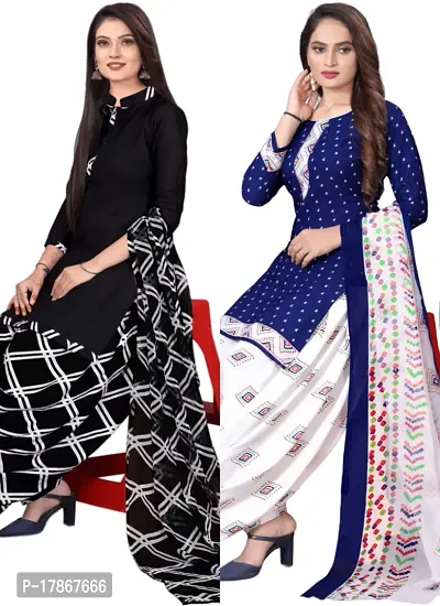 Black  Navy Blue Crepe Printed Dress Material with Dupatta For Women (Combo pack of 2)