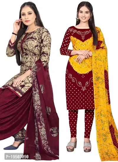 Beige  Multicolor Crepe Printed Dress Material with Dupatta For Women (Combo pack of 2)