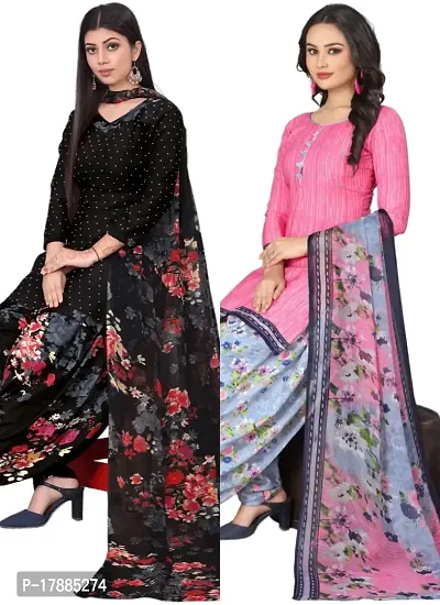 Black  Pink Crepe Printed Dress Material with Dupatta For Women (Combo pack of 2)