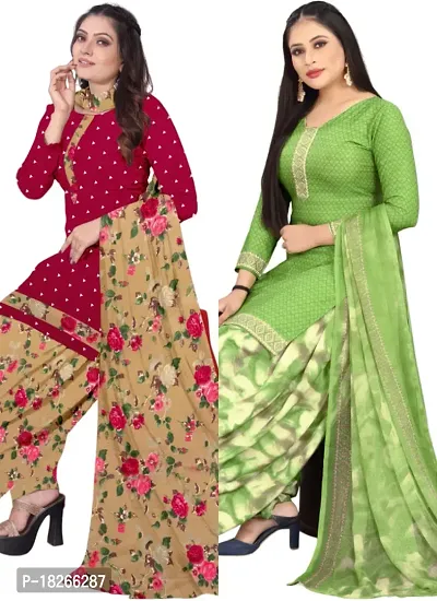 Red  Green Crepe Printed Dress Material with Dupatta For Women (Combo pack of 2)