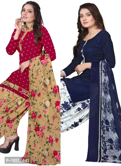 Red  Navy Blue Crepe Printed Dress Material with Dupatta For Women (Combo pack of 2)