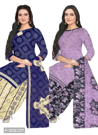 Elegant Multicoloured Cotton Printed Dress Material with Dupatta For Women (Combo Pack of 2)