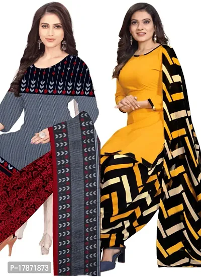 Grey  Yellow Crepe Printed Dress Material with Dupatta For Women (Combo pack of 2)-thumb0