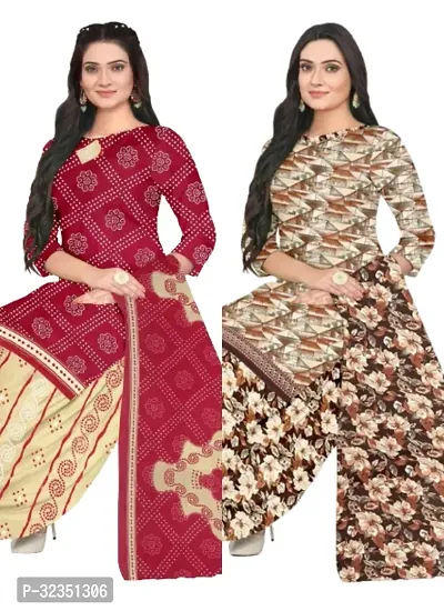 Elegant Multicoloured Cotton Printed Dress Material with Dupatta For Women (Combo Pack of 2)-thumb0