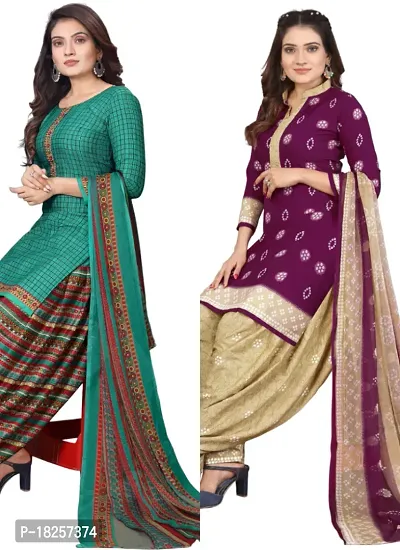 Turquoise  Purple Crepe Printed Dress Material with Dupatta For Women (Combo pack of 2)