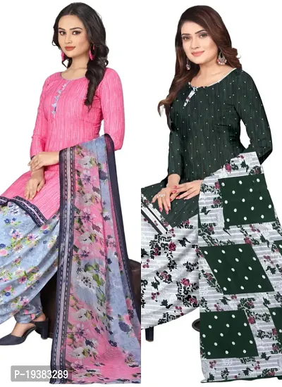 Pink  Green Crepe Printed Dress Material with Dupatta For Women (Combo pack of 2)-thumb0