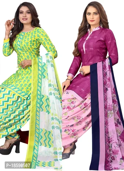 Yellow  Pink Crepe Printed Dress Material with Dupatta For Women (Combo pack of 2)