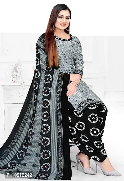 Elegant Grey Crepe Ethnic Print Dress Material with Dupatta For Women-thumb0