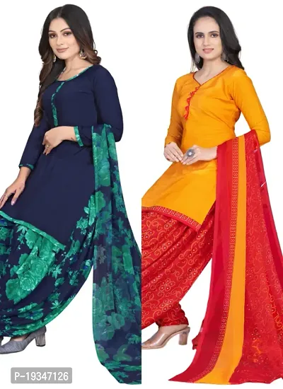 Blue  Yellow Crepe Printed Dress Material with Dupatta For Women (Combo pack of 2)