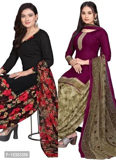 Black  Wine Crepe Printed Dress Material with Dupatta For Women (Combo pack of 2)