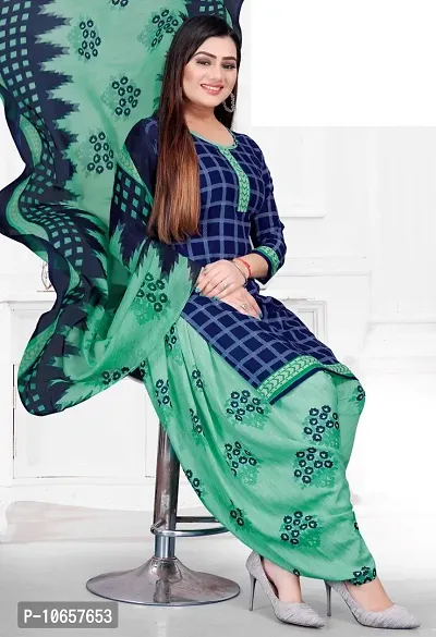 Elegant Navy Blue Crepe Ethnic Print Dress Material with Dupatta For Women