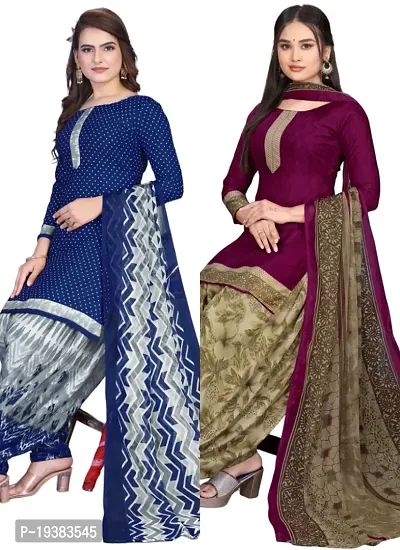 Navy Blue  Wine Crepe Printed Dress Material with Dupatta For Women (Combo pack of 2)-thumb0