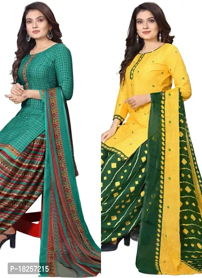 Turquoise  Yellow Crepe Printed Dress Material with Dupatta For Women (Combo pack of 2)