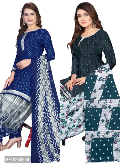 Navy Blue  Multicolor Crepe Printed Dress Material with Dupatta For Women (Combo pack of 2)-thumb0