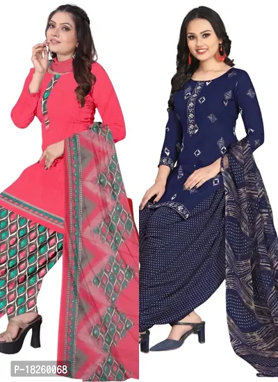 Pink  Navy Blue Crepe Printed Dress Material with Dupatta For Women (Combo pack of 2)