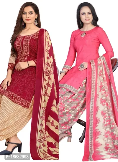 Red  Pink Crepe Printed Dress Material with Dupatta For Women (Combo pack of 2)