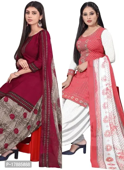 Maroon  Pink Crepe Printed Dress Material with Dupatta For Women (Combo pack of 2)-thumb0