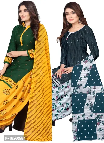 Green  Multicolor Crepe Printed Dress Material with Dupatta For Women (Combo pack of 2)