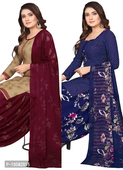 Beige  Navy Blue Crepe Printed Dress Material with Dupatta For Women (Combo pack of 2)-thumb0