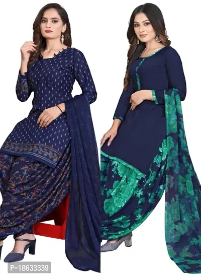 Navy Blue  Blue Crepe Printed Dress Material with Dupatta For Women (Combo pack of 2)