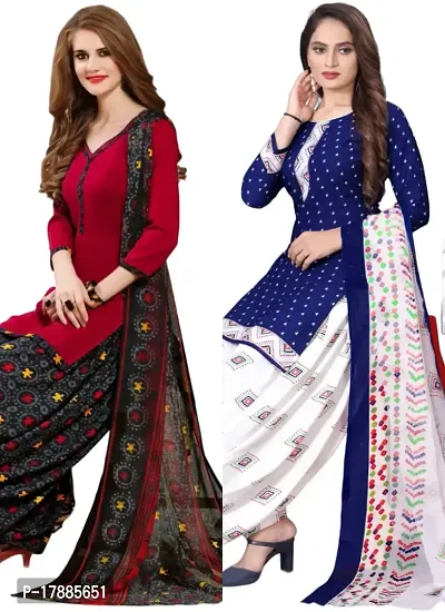 Red  Navy Blue Crepe Printed Dress Material with Dupatta For Women (Combo pack of 2)