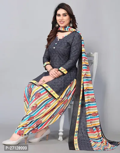 Elegant Grey Cotton Floral Print Dress Material with Dupatta For Women-thumb0