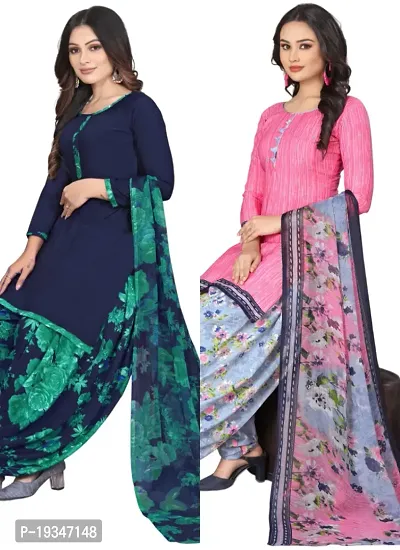 Blue  Pink Crepe Printed Dress Material with Dupatta For Women (Combo pack of 2)-thumb0