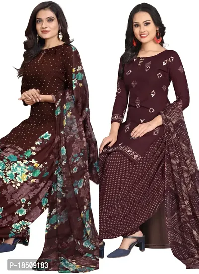 Brown  Wine Crepe Printed Dress Material with Dupatta For Women (Combo pack of 2)