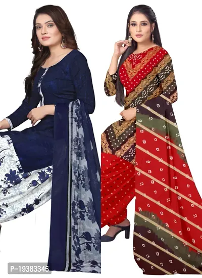 Navy Blue  Multicolor Crepe Printed Dress Material with Dupatta For Women (Combo pack of 2)-thumb0