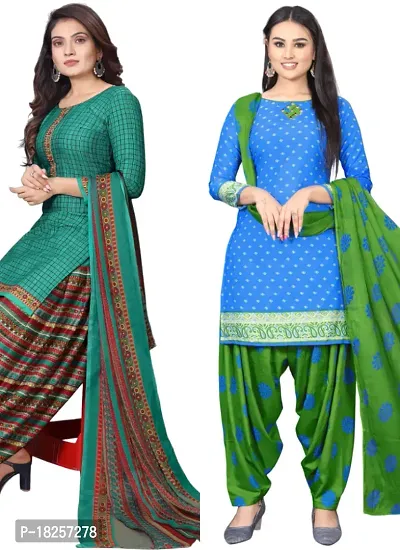 Turquoise  Blue Crepe Printed Dress Material with Dupatta For Women (Combo pack of 2)-thumb0