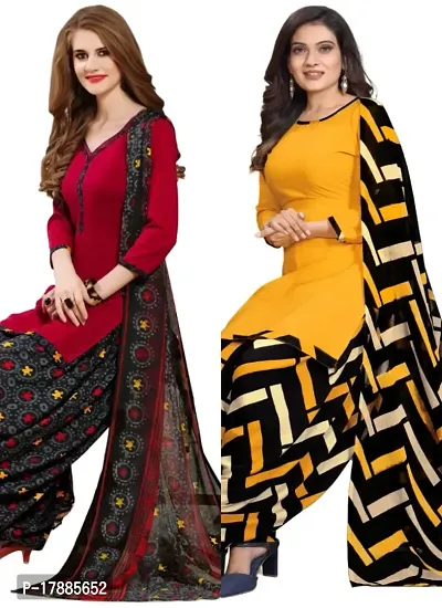 Red  Yellow Crepe Printed Dress Material with Dupatta For Women (Combo pack of 2)