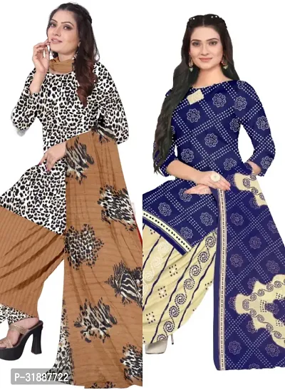 Elegant Multicoloured Cotton Printed Dress Material with Dupatta For Women (Combo Pack of 2)-thumb0