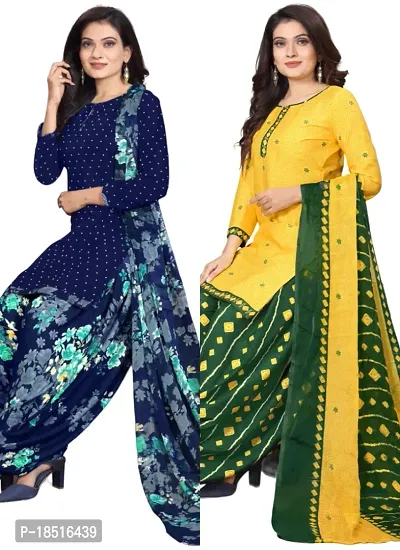 Navy Blue  Yellow Crepe Printed Dress Material with Dupatta For Women (Combo pack of 2)-thumb0