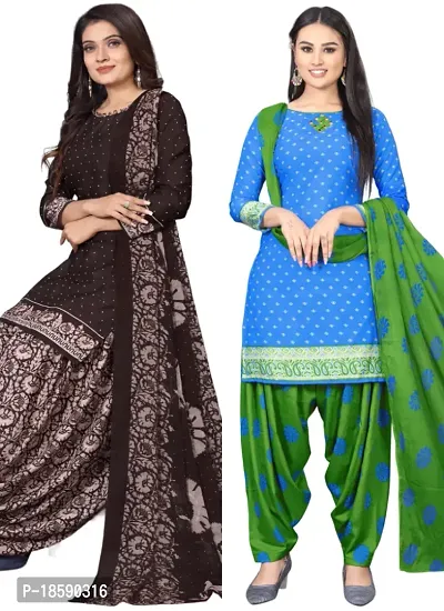 Brown  Blue Crepe Printed Dress Material with Dupatta For Women (Combo pack of 2)