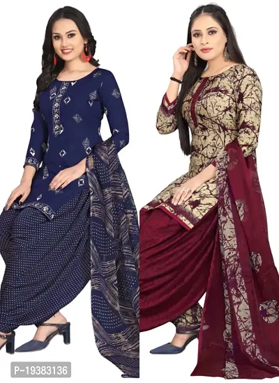 Navy Blue  Beige Crepe Printed Dress Material with Dupatta For Women (Combo pack of 2)