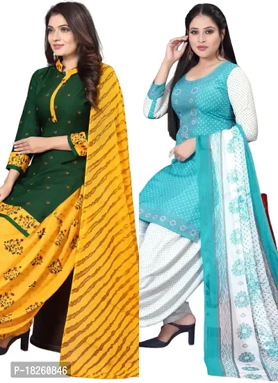 Green  Sea Green Crepe Printed Dress Material with Dupatta For Women (Combo pack of 2)