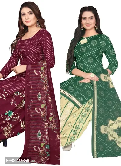 Elegant Multicoloured Cotton Printed Dress Material with Dupatta For Women (Combo Pack of 2)