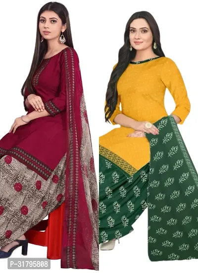 Elegant Multicoloured Cotton Printed Dress Material with Dupatta For Women (Combo Pack of 2)-thumb0